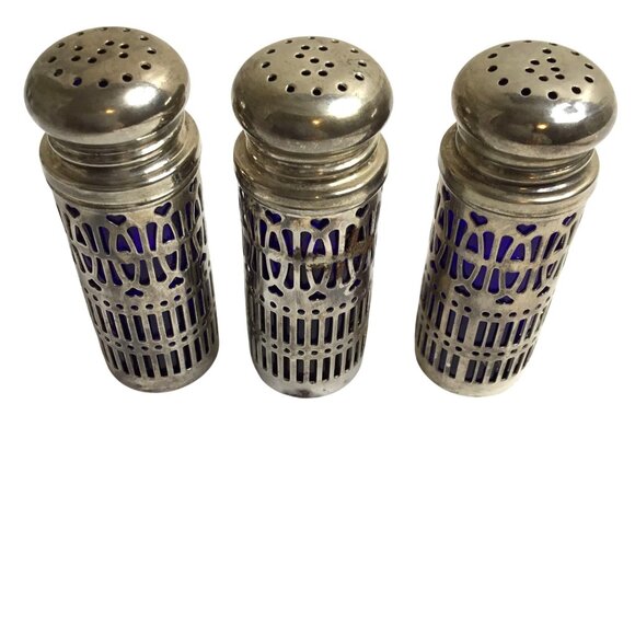 Silver Plated Salt And Pepper Shakers Cobalt Blue U.K Pat. No. 1014132 Hong Kong - Picture 1 of 9